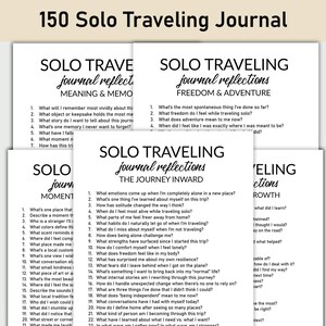 May include: A stack of white paper journals with black text, titled "150 Solo Traveling Journal." Each journal has prompts for self-reflection, with titles like "Meaning & Memo" and "Freedom & Adventure." The journals are designed for solo travelers.