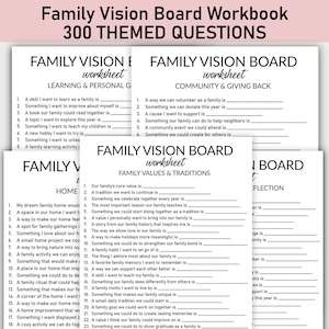 Könnte beinhalten: Family Vision Board Workbook mit 300 Themenfragen. Die Arbeitsblätter behandeln Themen wie Lernen, Gemeinschaft und Familienwerte. Jedes Blatt enthält Aufforderungen, um Familiengespräche und Reflexionen anzuleiten. Das Arbeitsbuch soll die Verbindung fördern.