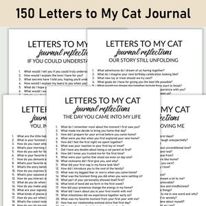 Puede incluir: Una pila de hojas de papel blancas con texto negro, titulada "150 Cartas a Mi Diario de Gato." Cada hoja presenta preguntas para escribir en un diario sobre un gato, con títulos como "Reflexiones del Diario" y "El Día que Entraste en Mi Vida."