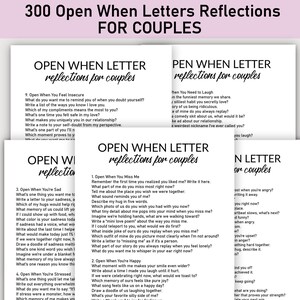 May include: A stack of white paper sheets with the text "300 Open When Letters Reflections FOR COUPLES" in black. The pages contain prompts for couples to write to each other, such as "Open When You Miss Me."