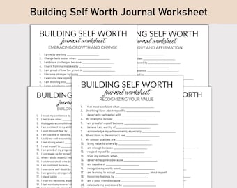 Pode incluir: Uma pilha de folhas de trabalho de diário brancas com o título "Building Self Worth Journal Worksheet" em preto. As folhas de trabalho apresentam prompts para autorreflexão, incluindo "Embracing Growth and Change" e "Recognizing Your Value."