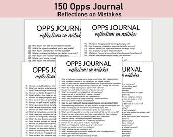 Puede incluir: Un diario imprimible con el título "150 Opps Journal Reflexiones sobre los errores" y una serie de indicaciones para la autorreflexión sobre los errores y los fracasos.