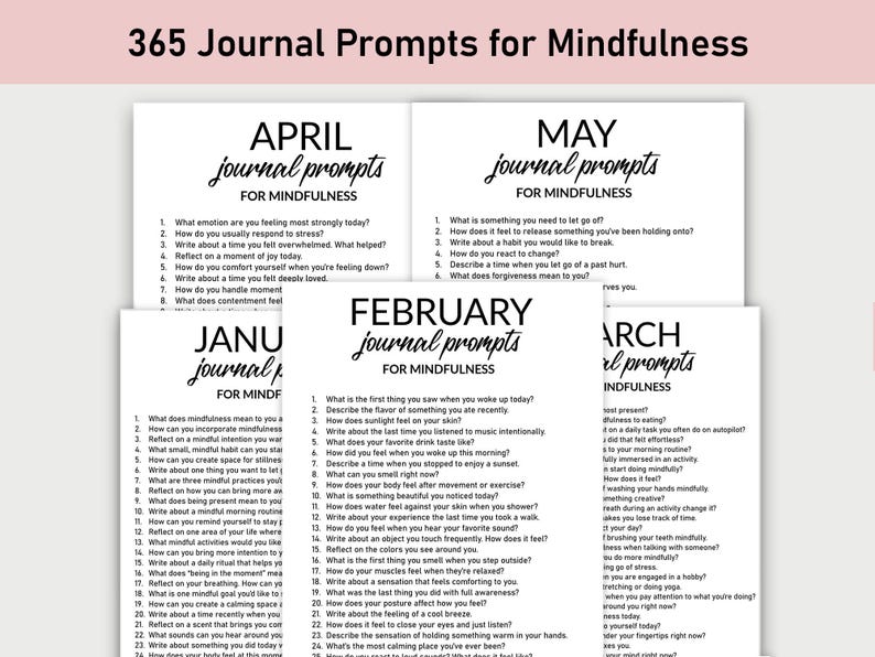 Pu&ograve; includere: Un set di prompt di diario stampabili per la consapevolezza, organizzati per mese. Ogni pagina presenta un design in bianco e nero con il nome del mese e le parole "prompt di diario per la consapevolezza".