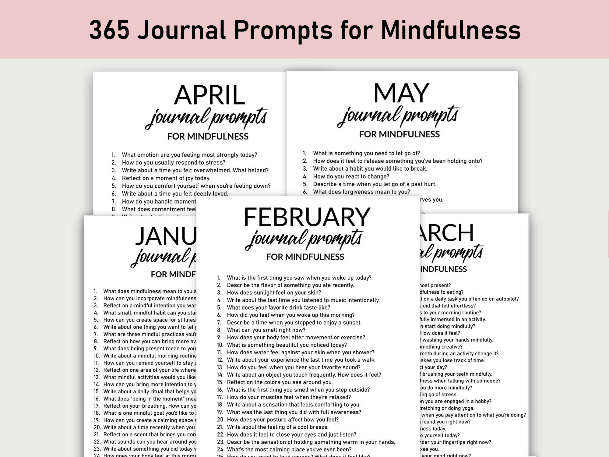 365 Journal Prompts for Mindfulness, Printable, Journal, Minimalist, Self Care, Mental Health, Daily Mindfulness, Mindful Life