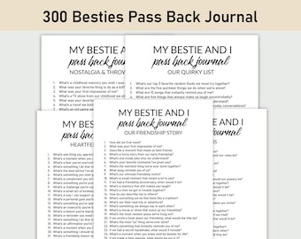 May include: A set of four printable journal pages with black text on a white background. The pages are titled "My Bestie A Pass Back Journal", "My Bestie And I Pass Back Journal Our Quirky List", "My Bestie And I Pass Back Journal Our Friendship Story", and "My Bestie And I Pass Back Journal". Each page has a list of questions for friends to answer about their friendship.