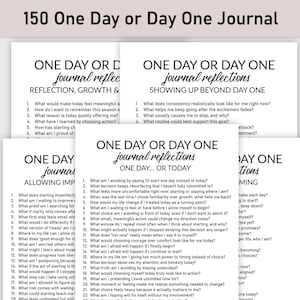 Puede incluir: Una pila de páginas de diario blancas con preguntas para la autorreflexión. Los diarios se titulan "One Day or Day One Journal" y presentan preguntas sobre el crecimiento personal y las reflexiones diarias. Las páginas están diseñadas para uso diario.