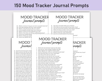 Könnte beinhalten: Ein Satz von vier schwarz-weißen druckbaren Journal-Seiten mit dem Titel "Mood Tracker Journal Prompts". Jede Seite enthält eine Liste von Fragen, die Ihnen helfen, über Ihre Stimmung und Emotionen nachzudenken.