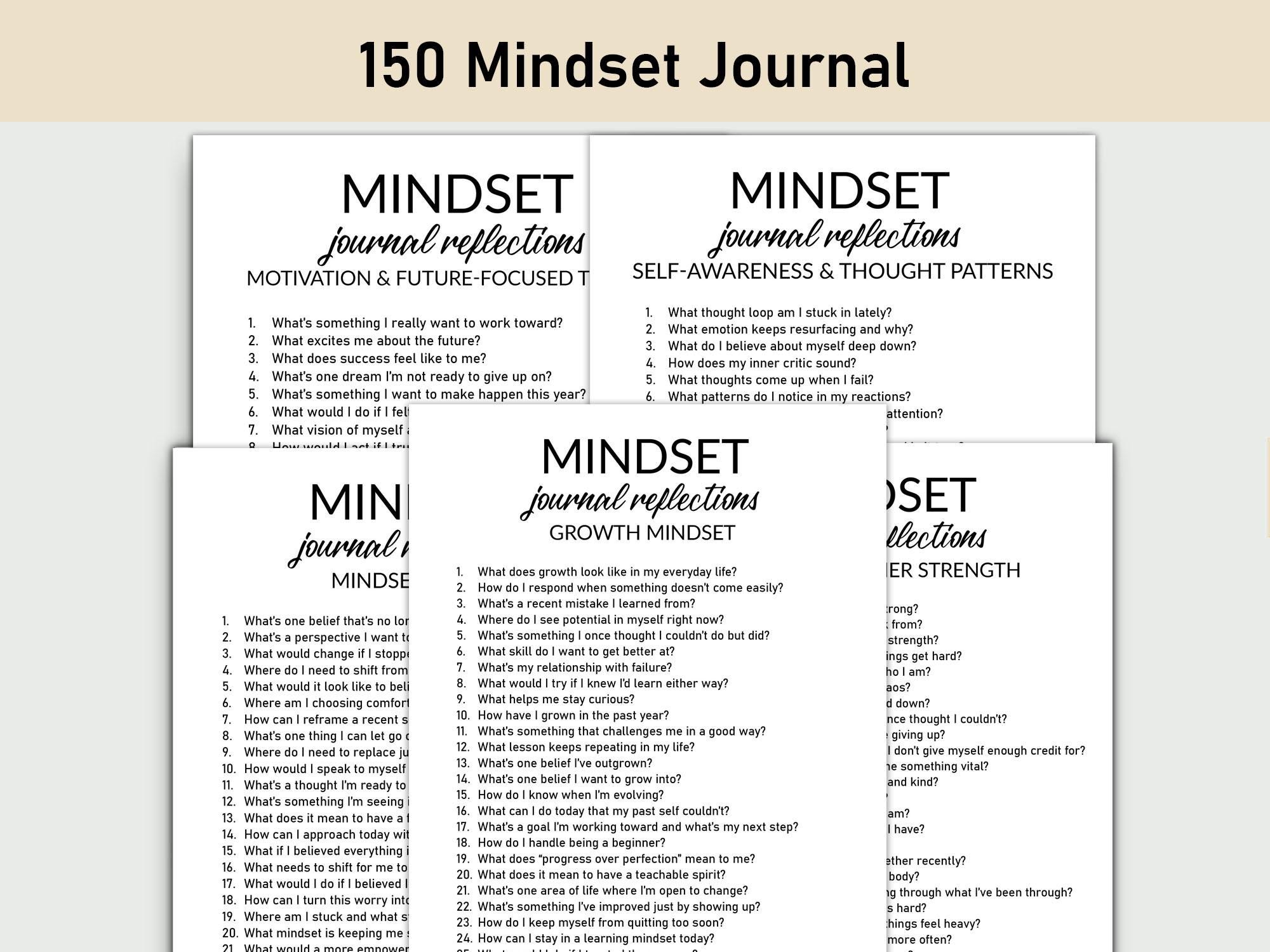 150 Mindset Journal, Printable, Journal, Reflections, Growth Mindset, Mindset Shifts, Resilience, Motivation, Mental Clarity, Positive