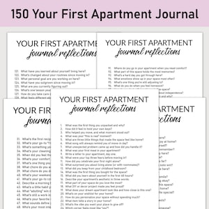 Puede incluir: Un diario imprimible con indicaciones para reflexionar sobre tu primera experiencia en un apartamento. Las páginas del diario están divididas en secciones con títulos como "Reflexiones sobre tu primer apartamento".