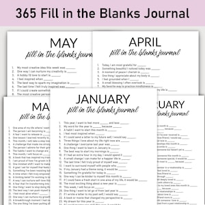 Pode incluir: Páginas de diário imprimíveis em preto e branco com o texto "365 Fill in the Blanks Journal" no topo. As páginas são divididas em seções para cada mês do ano, com prompts para reflexão e autodescoberta. Os meses apresentados são janeiro, abril, maio e uma visão parcial de fevereiro.