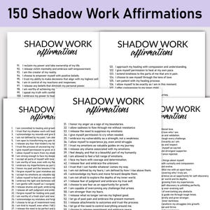 May include: A set of four printable pages with black text on a white background. Each page features the title "Shadow Work Affirmations" and lists affirmations for self-discovery and healing.