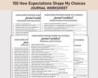 Może przedstawiać: Stos białych arkuszy dziennika z tytułem "150 How Expectations Shape My Choices". Arkusze mają czarny tekst i zachęcają do autorefleksji nad zarządzaniem oczekiwaniami, relacjami i celami osobistymi. Arkusze są przeznaczone do prowadzenia dziennika.