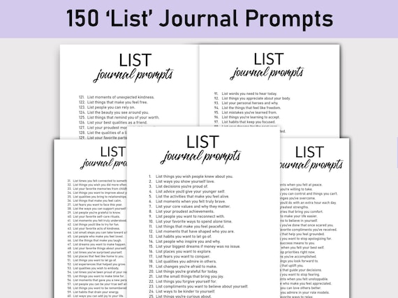 150 List Journal Prompts , Printable, Journal Prompts, Minimalist, Reflections, List questions, Gratitude, Challenges, Make a List