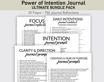 Peut inclure: Un ensemble de pages de journal avec des invites à la réflexion personnelle. Les pages incluent des titres tels que "Focus", "Daily Intentions" et "Clarity & Direction". Le texte "Power of Intention Journal" et "Ultimate Bundle Pack" est en haut.