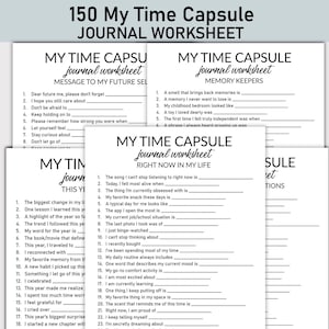 以下が含まれることがあります： 黒いテキストが書かれた白い紙のワークシートの束。 ワークシートのタイトルは「My Time Capsule Journal Worksheet」で、思い出、将来の自分、現在の生活について考えるためのプロンプトが含まれています。 ワークシートはジャーナリング用に設計されています。