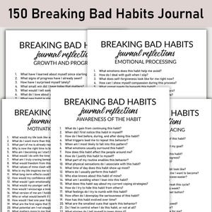 May include: A stack of white journals with the title "150 Breaking Bad Habits Journal" at the top. Each journal has a different subtitle, including "Growth and Progress" and "Emotional Processing," with prompts for self-reflection.