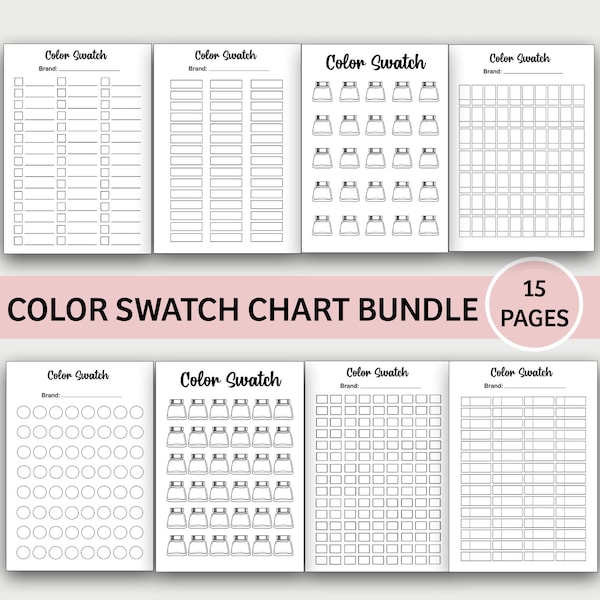 Color Swatch Chart Bundle, Printable, Blank Color Swatch, Journal, Ink Swatch, 25, 50, 75, 100, Alcohol Marker, Paint, Pencils, Fountain Pen