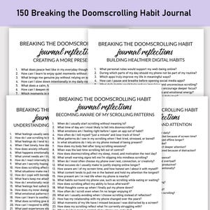 May include: A stack of white paper journals titled "150 Breaking the Doomscrolling Habit Journal". Each page contains questions about digital habits and self-reflection, designed to encourage mindful phone use and healthier habits.