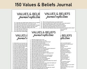 Puede incluir: Un diario imprimible con texto negro sobre fondo blanco. El diario se titula "150 Values & Beliefs Journal" y contiene indicaciones para la autorreflexión sobre valores y creencias.