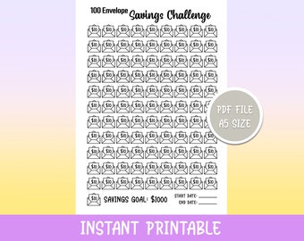 100 Envelope Challenge Printable, Instant Download Printable, Journal Month Tracker, 1000 Savings Challenge, Goals, Budget Tracker, Finance