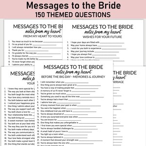May include: A stack of white paper sheets with fill-in-the-blank questions for a bride. The text "Messages to the Bride" is at the top, with "150 THEMED QUESTIONS" below. The sheets are designed for wedding guests to write messages.