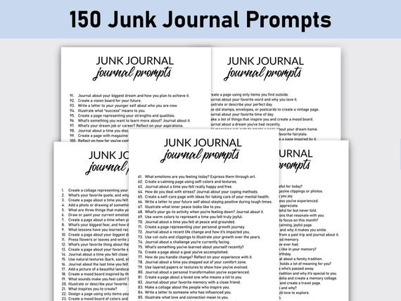 150 Junk Journal Prompts, Printable, Journal, Minimalist, Reflection, Creative Scrapbooking Ideas, Junk Journal Kit Idea, Creations