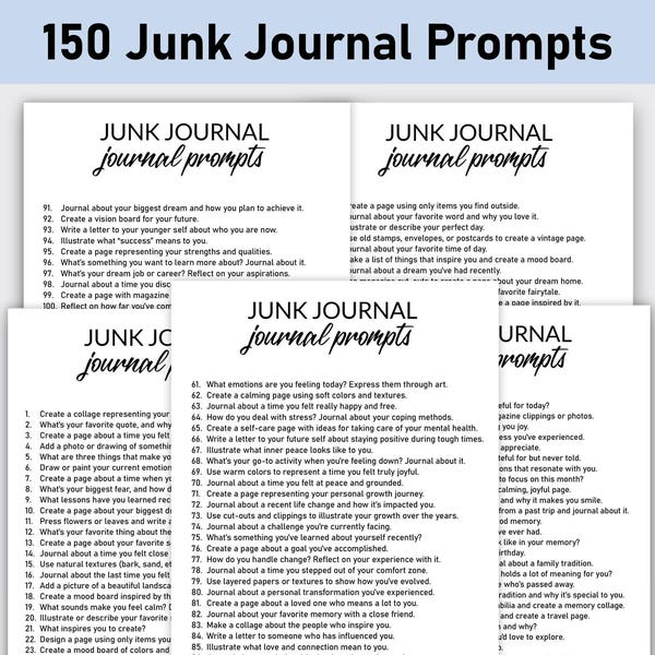 150 skräpjournalsuppmaningar, utskrivbara, dagbok, minimalistisk, reflektion, kreativa scrapbookingidéer, idé till skräpjournalkit, skapelser