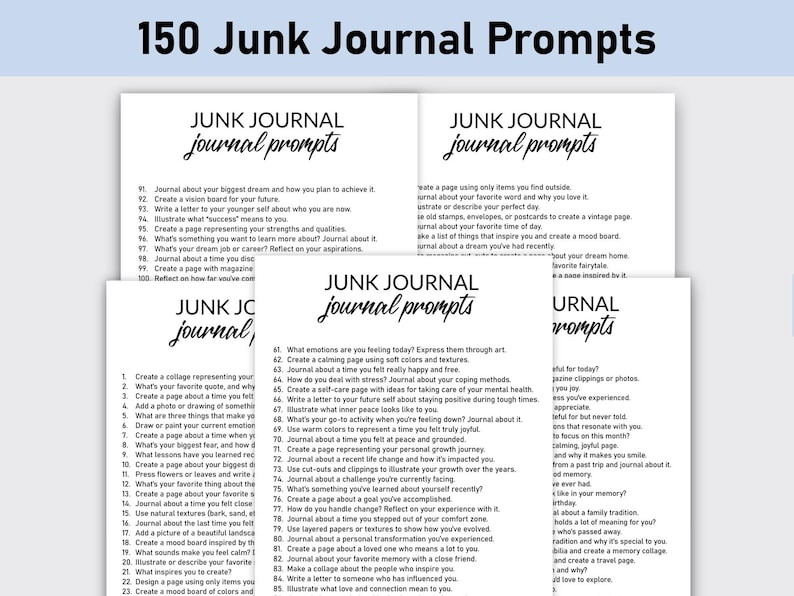 Może przedstawiać: Drukowana karta z 150 podpowiedziami do tworzenia junk journal, w czarno-białym designie. Podpowiedzi są zorganizowane w trzy kolumny, z kt&oacute;rych każda ma inny temat. Tematy to "Junk Journal Journal Prompts", "Junk Journal Journal Prompts" i "Junk Journal Journal Prompts".
