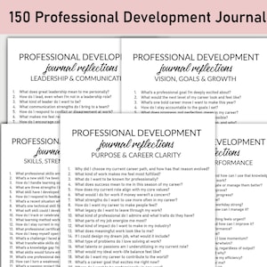 以下が含まれることがあります： 黒いテキストの白い紙のジャーナルのスタック。各ジャーナルには、リーダーシップとコミュニケーション、ビジョン、目標と成長、目的とキャリアの明確さ、スキルと強み、パフォーマンスなど、さまざまな見出しがあります。スタックの一番上には「150 Professional Development Journal」と書かれています。