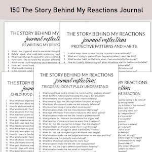 May include: A collection of journal pages titled "The Story Behind My Reactions Journal." The pages feature prompts for self-reflection on emotions, triggers, and behaviors. The text is in black font on a white background, with titles in a decorative font.