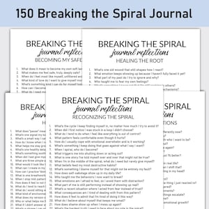 May include: A stack of white paper pages with the text "Breaking the Spiral Journal" in a variety of fonts. The journal prompts are designed to help with self-reflection and healing. The pages are arranged in a neat pile.