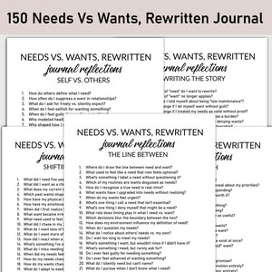 May include: A stack of white journal pages with the title "150 Needs Vs Wants, Rewritten Journal" at the top. Each page features a list of questions about needs and wants, designed for self-reflection and journaling.
