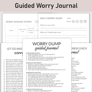 Peut inclure: Un journal d'inquiétudes guidé imprimable avec des sections pour le déversement quotidien des inquiétudes, le système de classement des inquiétudes, lâcher prise et aller de l'avant, explorer la peur qui se cache derrière, séparer les faits de la peur et vérifier les progrès. Le journal est conçu pour aider à gérer l'anxiété et le stress.