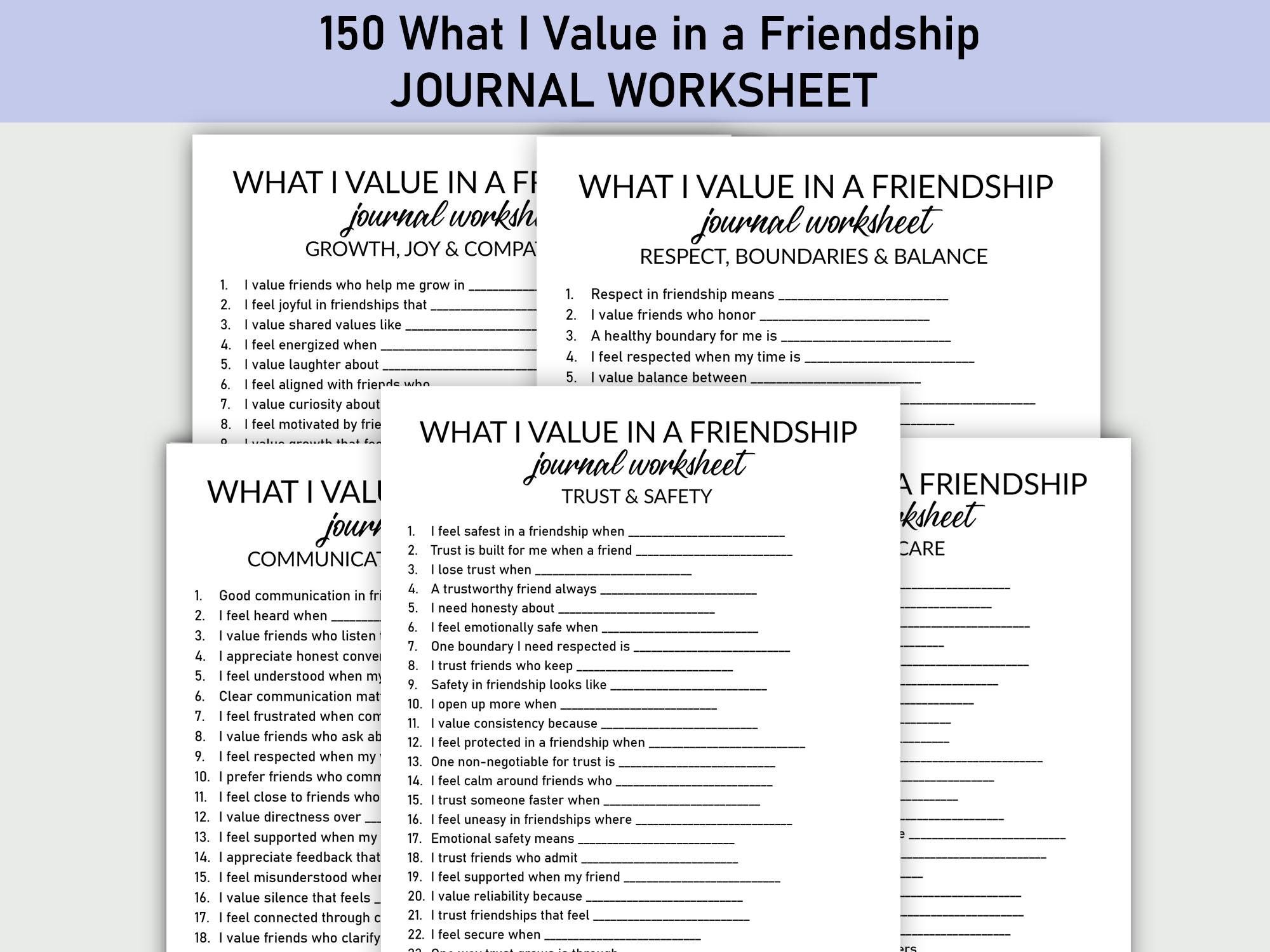 Friendship Values Worksheet.pdf What I Value in a Friendship Printable Worksheet, Journal Printable ...