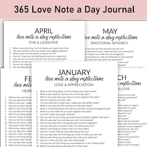 May include: A stack of white journal pages with prompts for daily reflections. The title "365 Love Note a Day Journal" is at the top. Each page is labeled with a month and a theme, such as "Fun & Laughter" and "Emotional Intimacy".