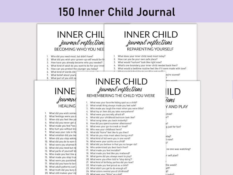 May include: A stack of white journals with black text. Each journal has a different title: "Inner Child Journal Reflections" with subheadings like "Becoming Who You Need" and "Remembering the Child You Were." The journals contain prompts for self-reflection.