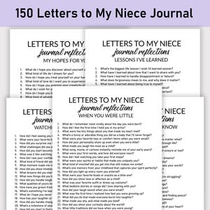 Puede incluir: Una pila de páginas de papel blanco con texto negro, titulada "150 Cartas a mi Sobrina Diario". Las páginas del diario están organizadas en secciones con preguntas sobre esperanzas, lecciones y recuerdos de la infancia, diseñadas para la reflexión.