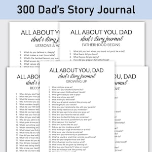 Puede incluir: Una pila de diarios de papel blanco con el texto "300 Dad's Story Journal" en la parte superior. Cada diario tiene un título diferente, incluyendo "Lecciones y valores" y "Creciendo", con indicaciones para escribir.