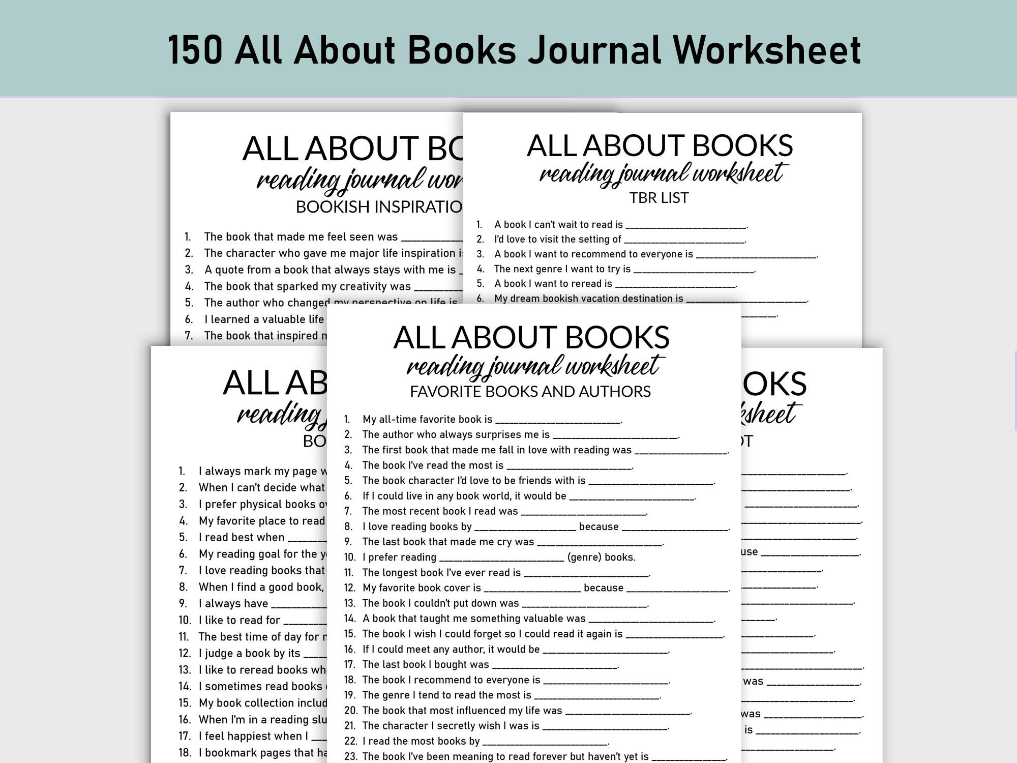 All About Books Printable Worksheet, Journal Printable, Fill-in-the-Blank Questions, Planner, TBR List, Bookish, Book Lover, Reading Journal