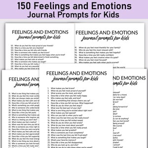 Op de afbeelding: Zwart-witte printbare dagboekprompts voor kinderen met de titel "150 Feelings and Emotions Journal Prompts for Kids". De prompts zijn georganiseerd in vier kolommen en behandelen onderwerpen als moedig voelen, trots, bang, blij, veilig, nerveus, boos, opgewonden, speciaal, verdrietig, dapper, verlegen, eenzaam, dankbaar, gefrustreerd, teleurgesteld en kalm.