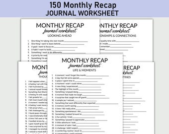 May include: A stack of white paper journal worksheets with black text. The worksheets are titled "Monthly Recap Journal Worksheet" and include prompts for reflection on various aspects of life, relationships, and routines.