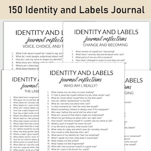 Może przedstawiać: Stos białych papierowych dzienników z tytułem "150 Identity and Labels Journal". Każda strona zawiera pytania dotyczące autorefleksji, głosu, wyboru i tożsamości. Dzienniki są przeznaczone do rozwoju osobistego i samopoznania.