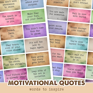 May include: A collection of colorful, vintage-style cards with motivational quotes. Each card features a different phrase in a classic font, set against a backdrop of various colors, including pink, blue, and brown. The words "MOTIVATIONAL QUOTES" are at the bottom.