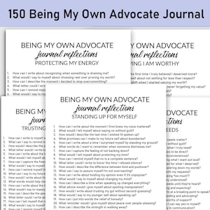 May include: A collection of white journals with black text, titled "Being My Own Advocate Journal." Each journal contains prompts for self-reflection on topics such as protecting energy, trusting oneself, and standing up for oneself. The journals are designed to aid self-discovery.