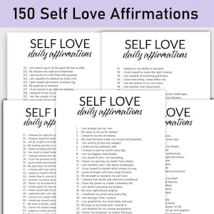 May include: Four black and white printable pages with the text "Self Love Daily Affirmations" and a list of affirmations for self-love and self-care.