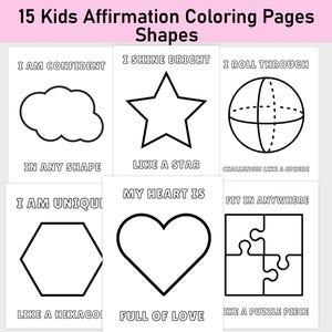 15 páginas para colorear de afirmaciones para niños, formas, página para colorear de formas, tarjeta, imprimible, tarjetas de afirmación, palabras de afirmación, positivas