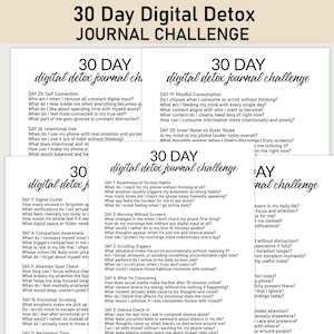 May include: A stack of white paper sheets with the text "30 Day Digital Detox Journal Challenge" in black, offering prompts for self-reflection and mindful digital habits. The pages are designed to encourage a break from technology.