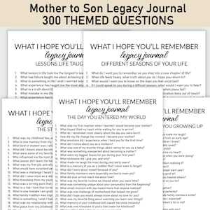 May include: A collection of white paper sheets titled Mother to Son Legacy Journal 300 Themed Questions. Each sheet features black printed text with numbered lists of prompts under headings like The Day You Entered My World and Lessons Life Taught.