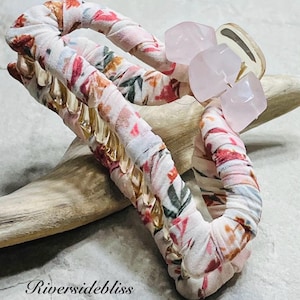 Floral Fabric Hair Claw with Rose Quartz Beads - Handmade
