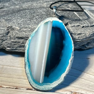 Blue Banded Agate Slice Pendant Necklace: Handmade Stone Jewelry See Description for Details
